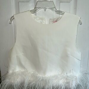White Sleeveless Top with Feather Trim